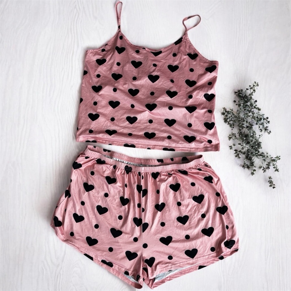 Heart & Polka Dot Pajama Set Womens 4X Round Neck Cami Top Elastic Waist Shorts